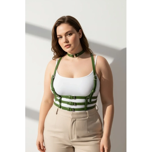 B�y�k Beden Haki Kad�n Deri Kemer �oklu Tokal� Harness V�cut Aksesuar� - APFT615