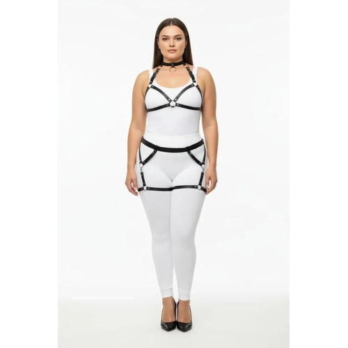 B�y�k Beden Siyah Kad�n Deri Harness Tak�m Jartiyerli Halka Detayl� - APFT478