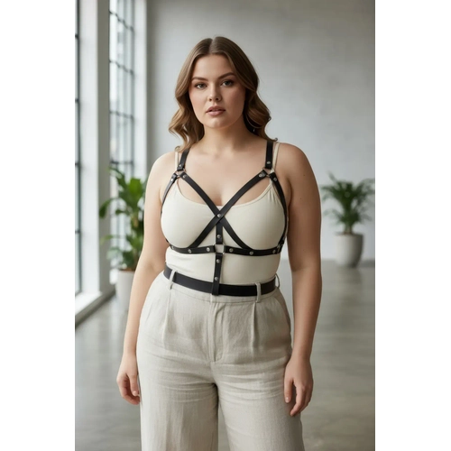 B�y�k Beden Siyah Kad�n Kemer Harness Detayl� Deri V�cut Aksesuar� - APFT1294