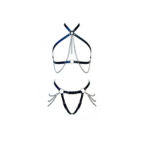 Siyah Harness Tak�m Zincir Detayl� Deri V�cut Kemeri - APFT1084