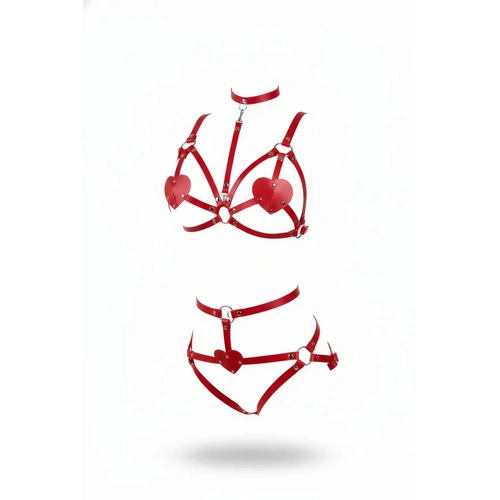 K�rm�z� Harness Tak�m Kalp Detayl� Deri V�cut Aksesuar� - APFT467
