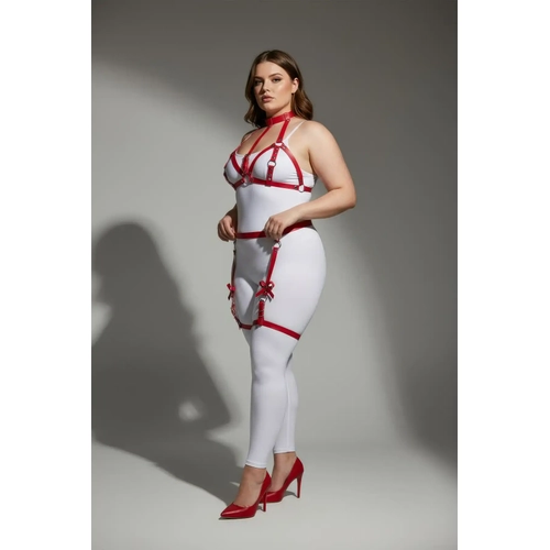 B�y�k Beden K�rm�z� Kad�n Deri G�r�n�ml� Fiyonk Detayl� Jartiyer Harness Tak�m - APFT310