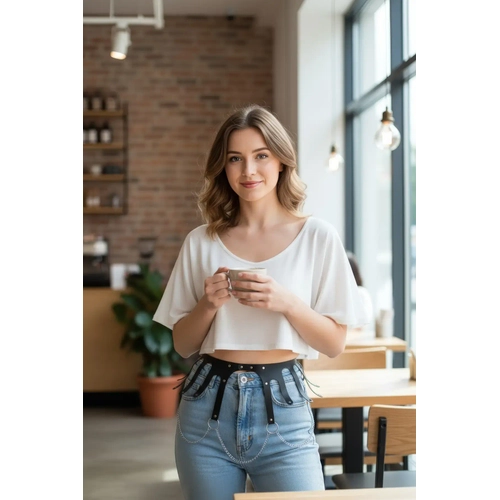 Siyah Kad�n Kemer Zincir Detayl� Geni� Bel Aksesuar� - APFT948