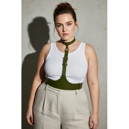 B�y�k Beden Haki Kad�n Kemer, Korse G�r�n�ml� Deri Harness V�cut Aksesuar� - APFT1297
