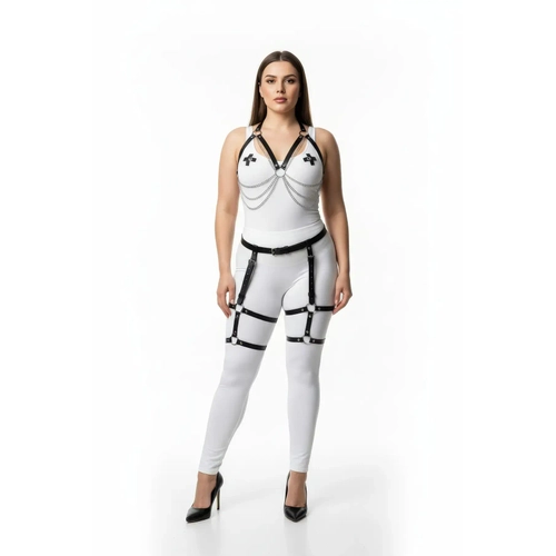 B�y�k Beden Siyah Kad�n Zincir Detayl� Deri Jartiyerli Harness Tak�m - APFT497