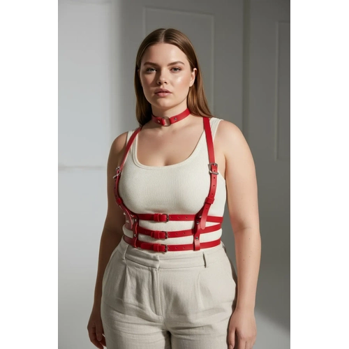 B�y�k Beden K�rm�z� Kad�n Kemer Deri Harness Korse G�r�n�ml� V�cut Aksesuar� - APFT615