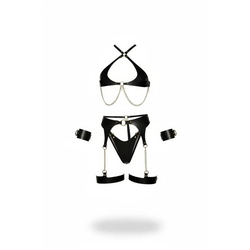 Siyah Harness Tak�m Zincir Detayl� Suni Deri Kelep�eli Set - APFT1219