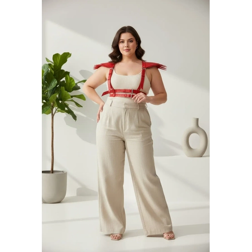 B�y�k Beden K�rm�z� Kad�n Deri Kemer Omuz Detayl� Harness V�cut Aksesuar� - APFT717