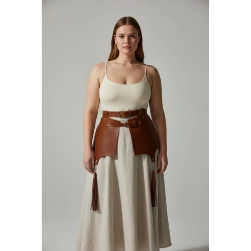 B�y�k Beden Taba Kad�n Deri Kemer, Korse ve P�sk�l Detayl� Harness - APFT985