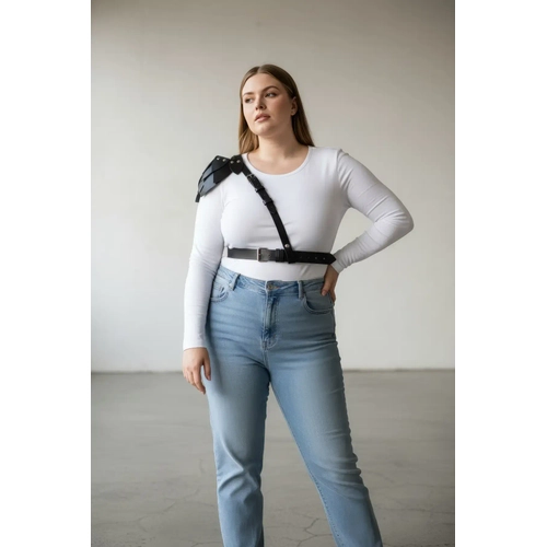 B�y�k Beden Siyah Kad�n Kemer, Omuz Harness Detayl� Hakiki Deri Kombin Aksesuar� - APFT1033