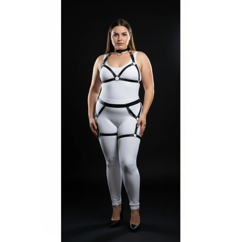 B�y�k Beden Siyah Kad�n Deri Harness Tak�m Jartiyerli Halka Detayl� - APFT478