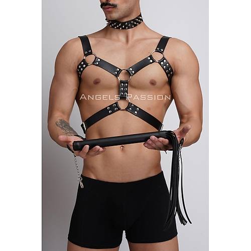 Krba ve ivili Choker Detayl Erkek Fantazi Giyim, Deri Erkek Harness Takm - APFTM102