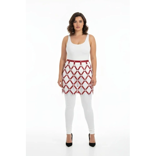 B�y�k Beden Bordo Deri Harness Etek Halka Detayl� File Desenli - APFT696