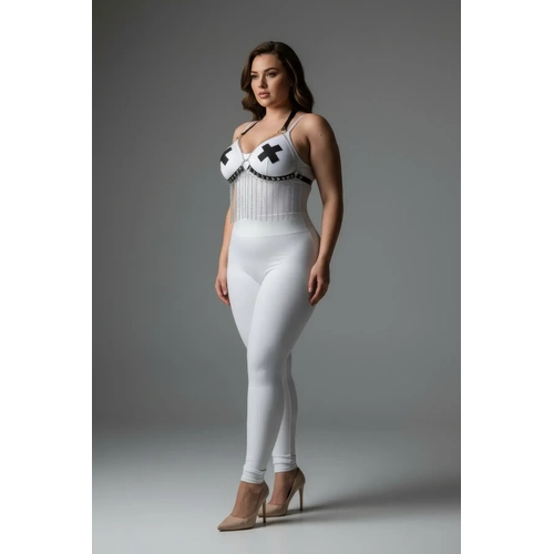 B�y�k Beden Beyaz Kad�n Harness Tak�m Zincir Detayl� Deri Fantezi Aksesuar - APFT477