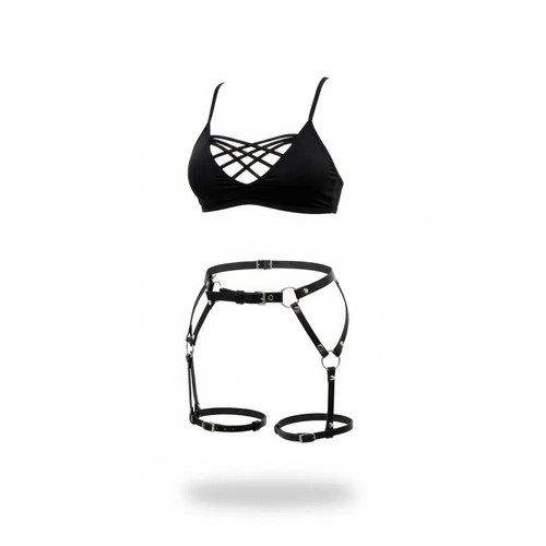 Siyah Jartiyer Harness Suni Deri Tokal� Metal Halkal� V�cut Aksesuarlar� - APFT770