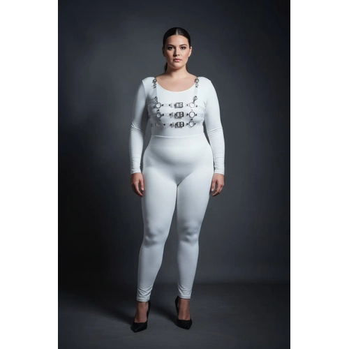 B�y�k Beden Beyaz Kad�n Harness Tak�m Deri G�r�n�ml� Toka Detayl� - APFT1058