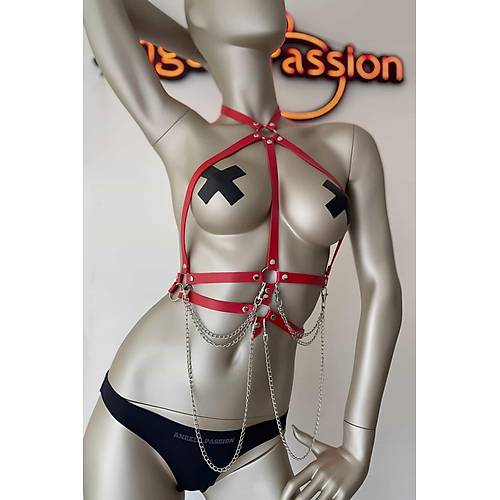 Krmz ve Zincir Detayl k Deri Harness