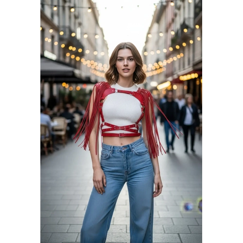 K�rm�z� G���s Harness P�sk�l Detayl� Deri Omuz Aksesuar� - APFT999