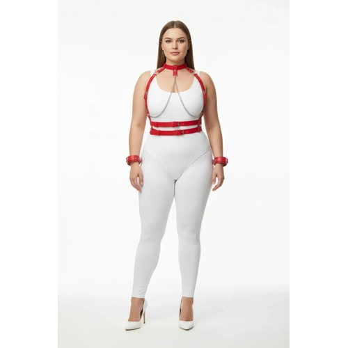 B�y�k Beden K�rm�z� Kad�n Deri Harness Tak�m Zincir Detayl� Fantezi Aksesuar - APFT720