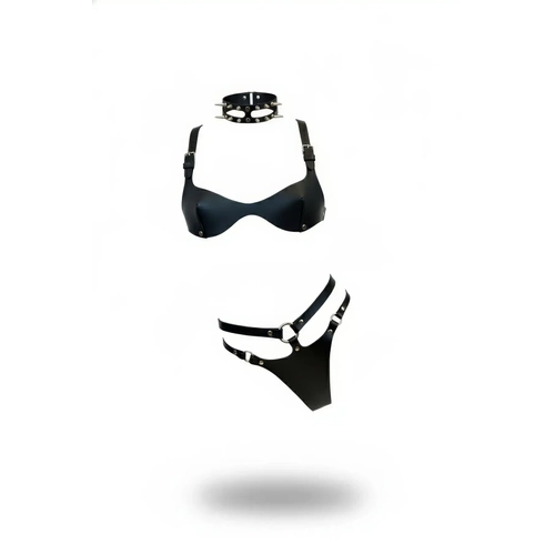 Siyah Harness Tak�m Deri Z�mbal� Halkal� Bralet Seti - APFT1298
