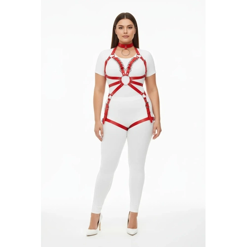 B�y�k Beden K�rm�z� Kad�n Deri Harness Tak�m Zincir ve Jartiyer Detayl� - APFT781