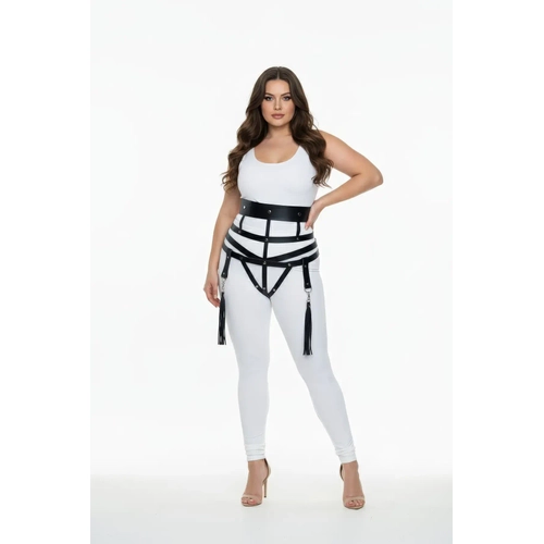 B�y�k Beden Siyah Kad�n Deri Harness Tak�m Jartiyerli P�sk�l Detayl� - APFT397
