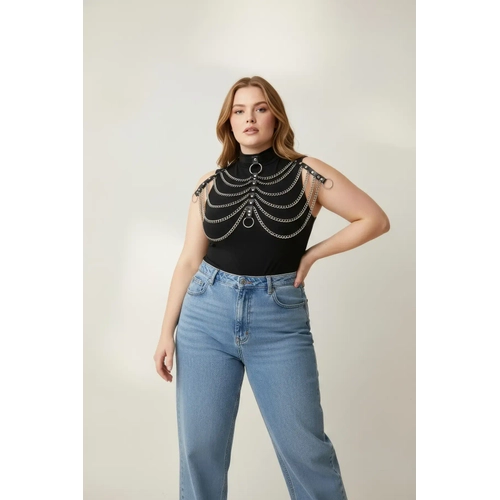 B�y�k Beden Siyah Kad�n Kemer Zincir Detayl� Deri Harness V�cut Aksesuar� - APFT401