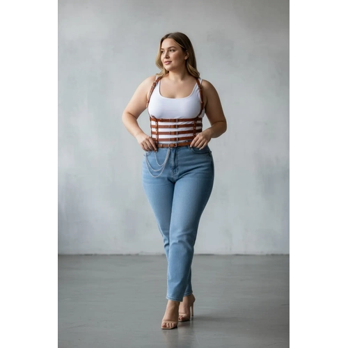 B�y�k Beden Taba Kad�n Kemer Zincir Detayl� Korse Tarz� Deri Harness - APFT626