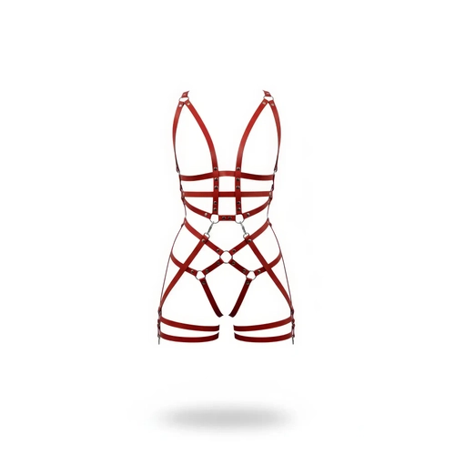 K�rm�z� Jartiyer Harness Deri Dokulu Metal Halka Detayl� V�cut Aksesuar� - APFT502