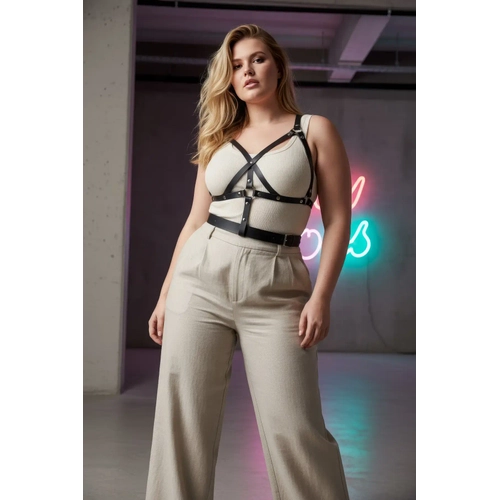 B�y�k Beden Siyah Kad�n Kemer Harness Detayl� Deri V�cut Aksesuar� - APFT1294