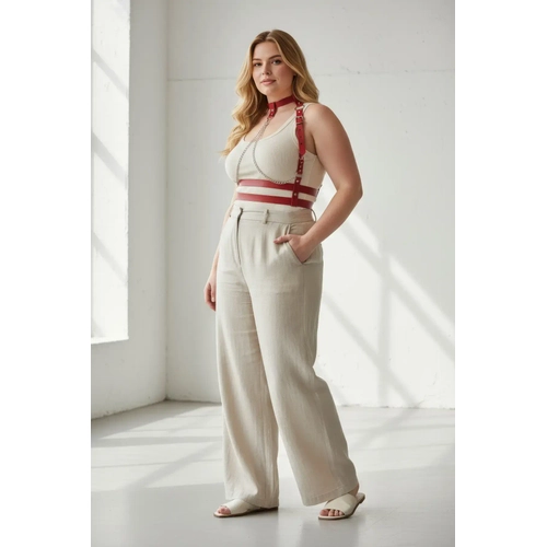B�y�k Beden K�rm�z� Kad�n Kemer Zincir Detayl� Deri Harness V�cut Aksesuar� - APFT824