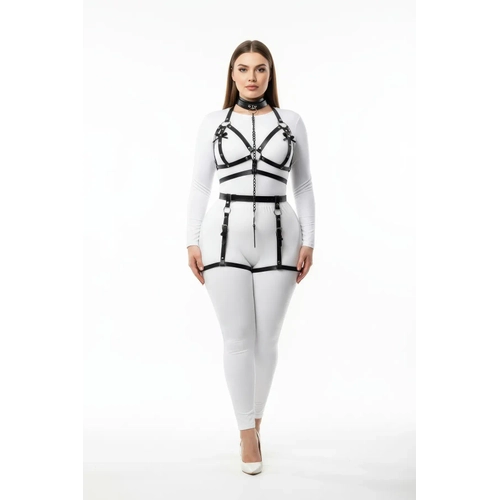 B�y�k Beden Siyah Kad�n Harness Tak�m Zincir Detayl� Deri Jartiyer Aksesuar - APFT457