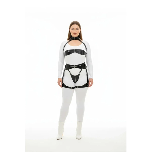 B�y�k Beden Siyah Kad�n Deri Harness Tak�m Jartiyerli Fantezi V�cut Aksesuar� - APFT1373