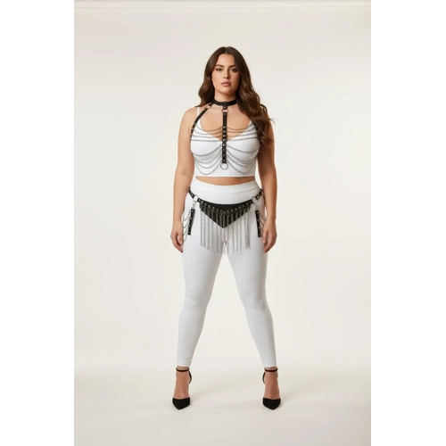 B�y�k Beden Siyah Kad�n Harness Tak�m Zincir ve P�sk�l Detayl� Deri Fantezi Aksesuar - APFT328