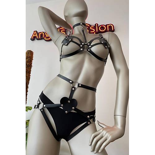 Kalp Detayl Siyah Deri Jartiyer Harness Styen Takm