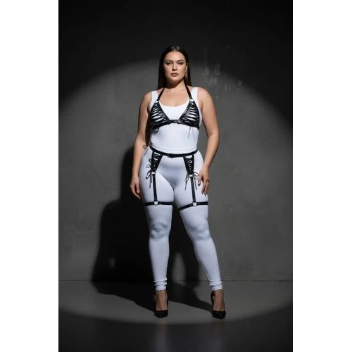 B�y�k Beden Siyah Kad�n Deri Harness Tak�m Jartiyerli ve Ba�c�kl� Fantezi Kombin - APFT1389
