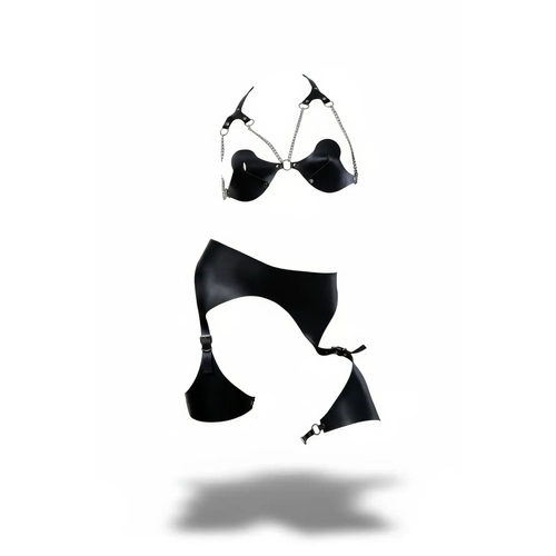 Siyah Harness Tak�m Zincir Detayl� Suni Deri Bralet Set - APFT1220