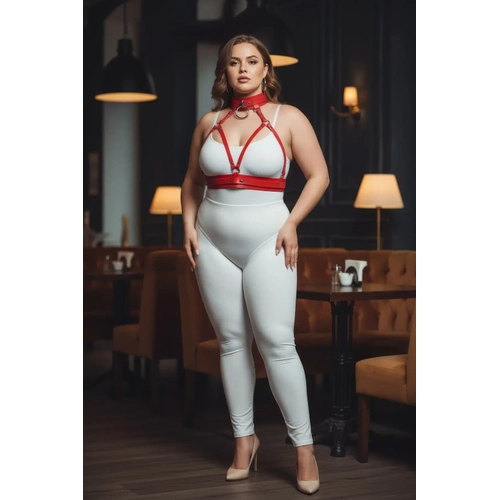 B�y�k Beden K�rm�z� Kad�n Harness Tak�m Fantezi Deri Yaka Detayl� V�cut Aksesuar� - APFT841