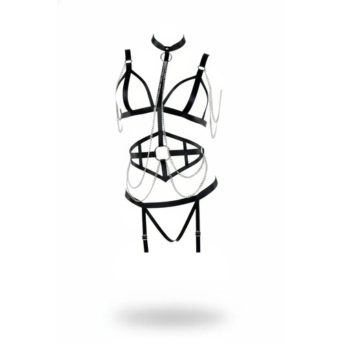 Siyah Harness Tak�m Zincir Detayl� Choker Yaka Jartiyerli - APFT299