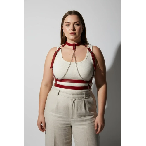 B�y�k Beden K�rm�z� Kad�n Kemer Zincir Detayl� Deri Harness V�cut Aksesuar� - APFT824