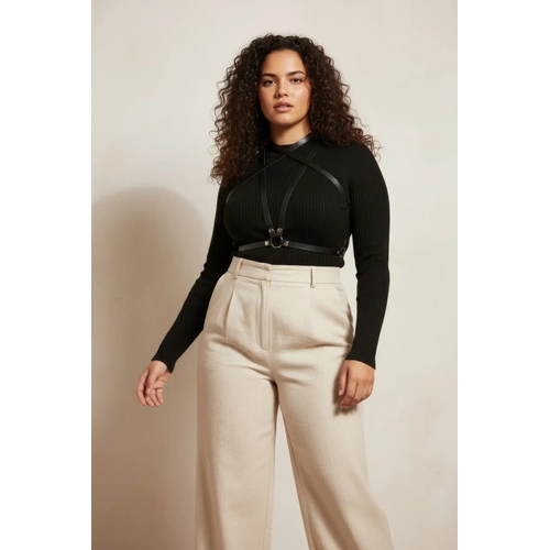 B�y�k Beden Siyah Kad�n Deri Harness Kemer, Elbise �zeri ��k V�cut Aksesuar� - APFT15