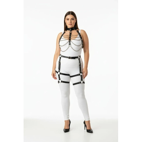 B�y�k Beden Siyah Kad�n Harness Tak�m Zincir Detayl� Jartiyerli Deri Set - APFT1262