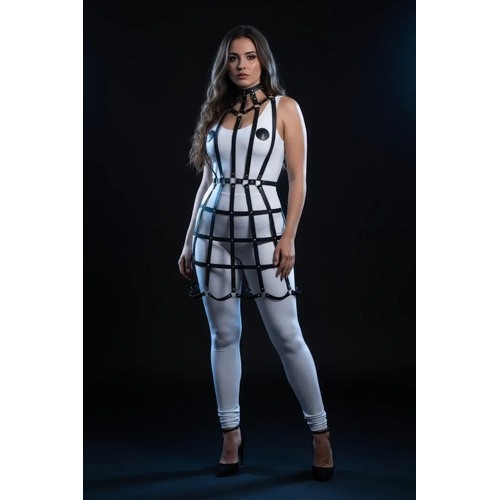 B�y�k Beden Siyah Deri Kafes Tasar�ml� Z�mba Detayl� Etek Harness - APFT1243