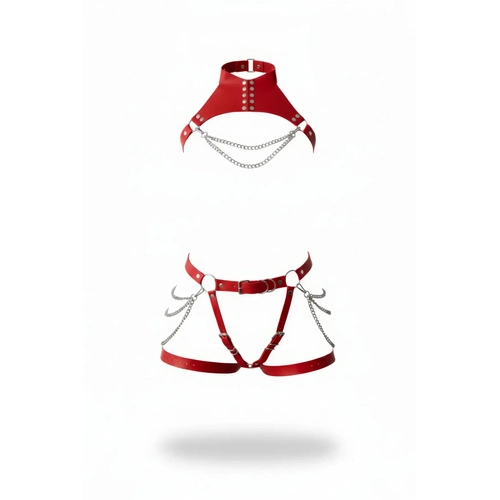 K�rm�z� Jartiyer Harness Zincir Detayl� Deri V�cut Tak�m� - APFT1369