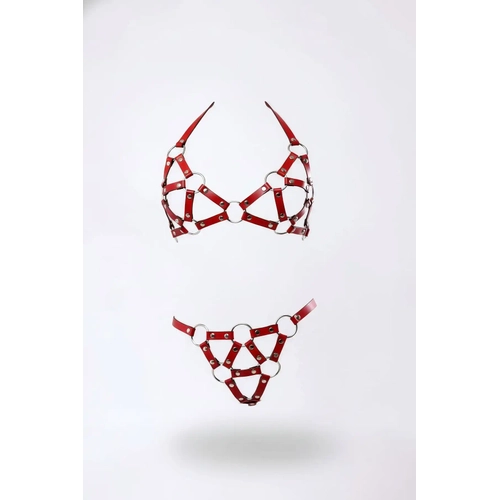 K�rm�z� Harness Tak�m Deri Metal Halka Detayl� - APFT422