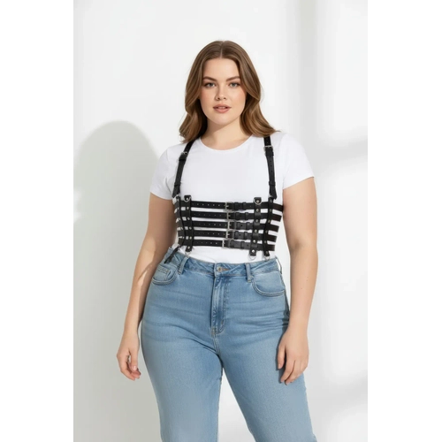 B�y�k Beden Siyah Kad�n Kemer Deri Body Harness Korse Stil - APFT630