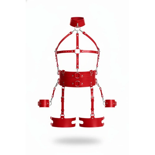 K�rm�z� Harness Tak�m Deri Zincir Detayl� Boyunluklu - APFT842
