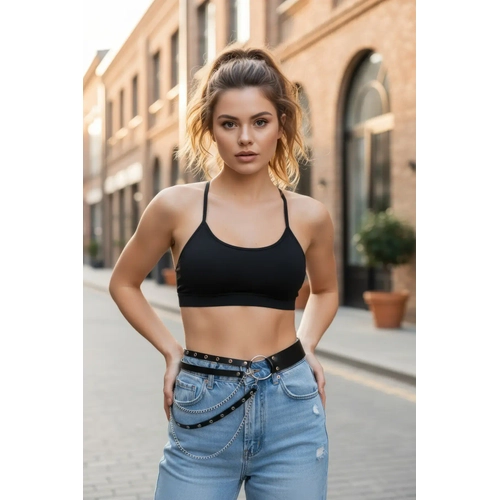 Siyah Kad�n Kemer Zincir Detayl� �oklu Delikli - APFT586