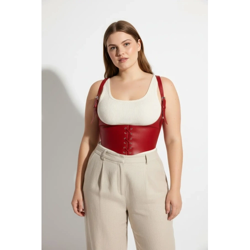 B�y�k Beden K�rm�z� Kad�n Kemer Ba�c�kl� Deri Korse Harness - APFT1428