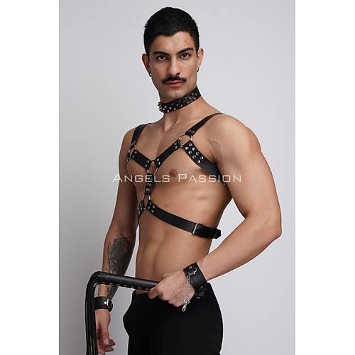 Krba ve ivili Choker Detayl Erkek Fantazi Giyim, Deri Erkek Harness Takm - APFTM102